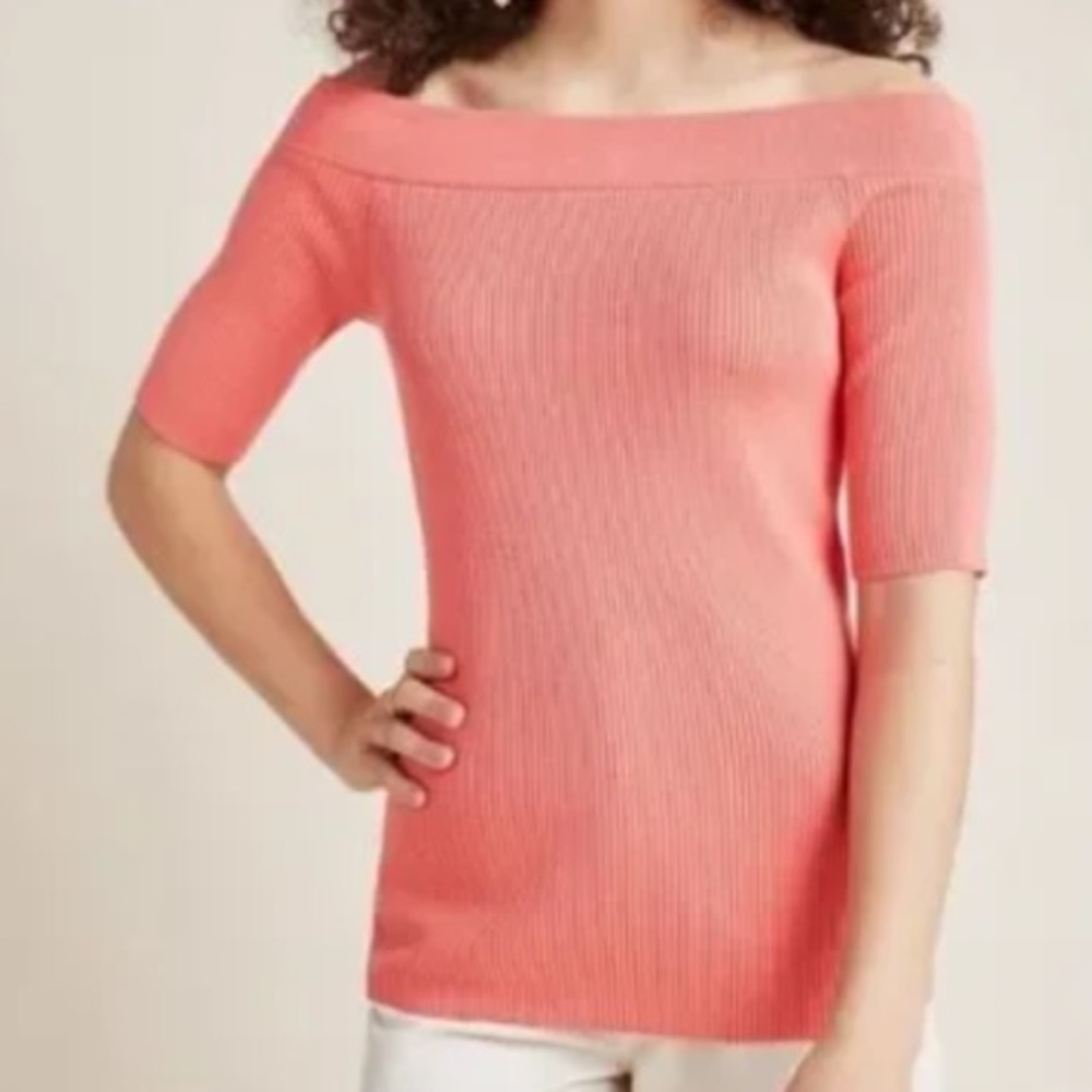 Anthropologie Women XS Coral Ribbed Classic Minuet Off The Shoulder Knit Top - Picture 2 of 10